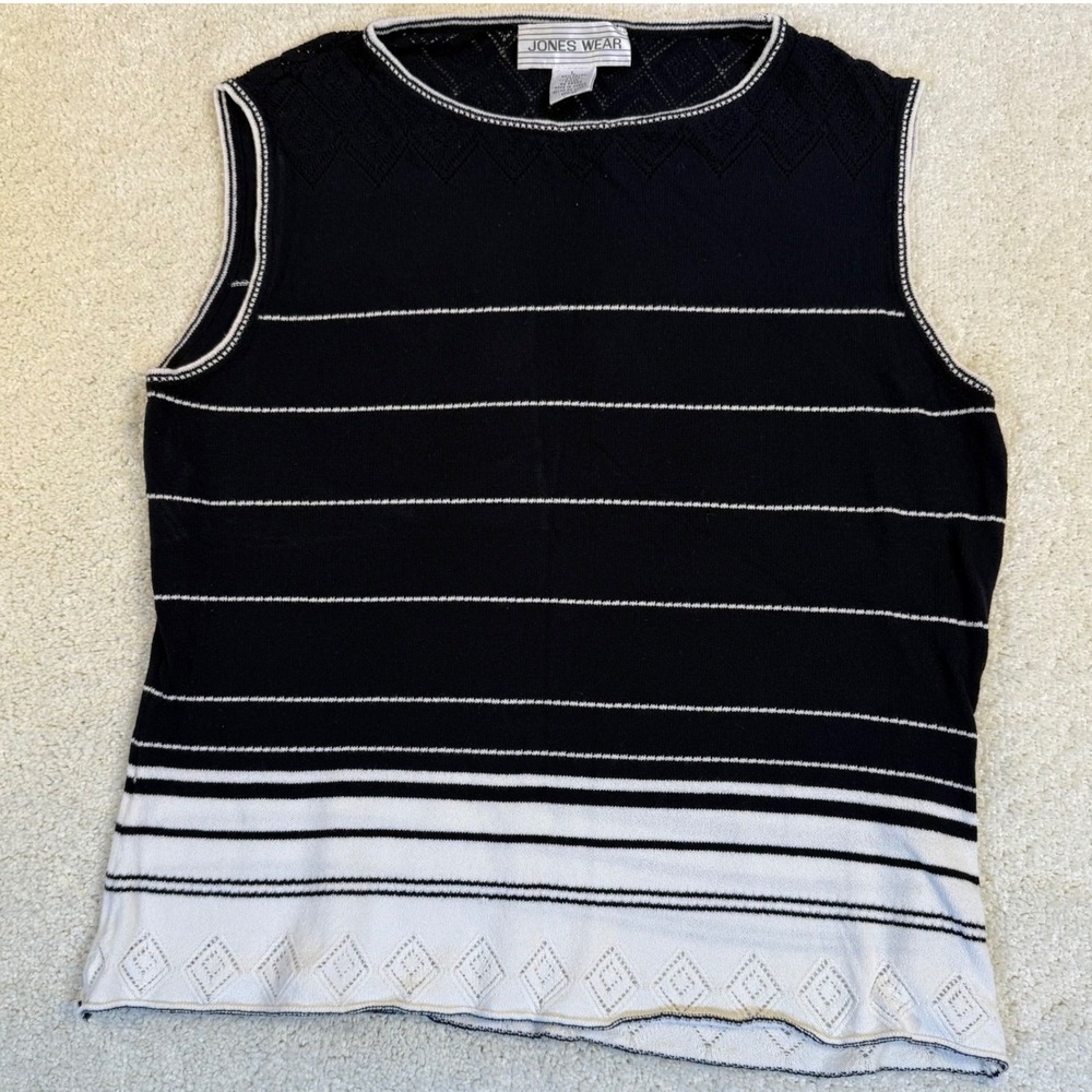 Jones Wear Sleeveless Knit Top Black‎ White Striped Sleeveless Sweater Large